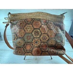Natural Cork Crossbody Bag Geometric Mandala Print Boho Triple Zip Shoulder Bag